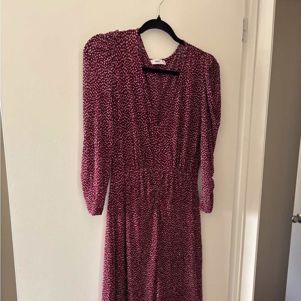 Sheer Mango Burgundy Pleated Long Sleeve Sundress